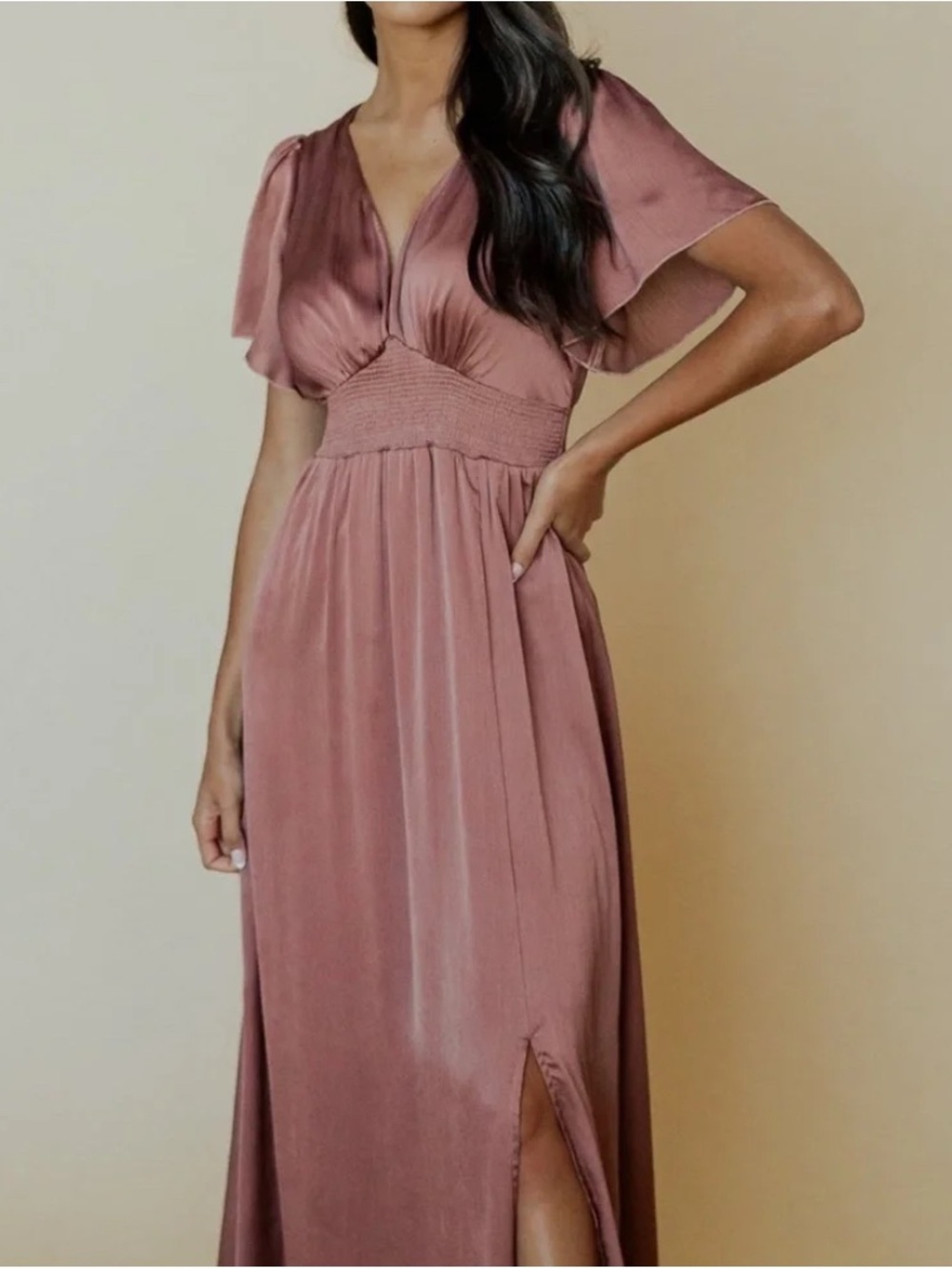 Baltic Born Mauve/Copper Satin Flutter Sleeve Maxi Dress